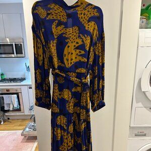 Farm Rio Navy Bananica Maxi Dress L Banana Print Belted Long Sleeve